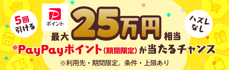 5回引ける　ハズレなし　PayPayポイント　最大25万円相当　　※PayPayポイント（期間限定）が当たるチャンス　※利用先・期間限定。条件・上限あり