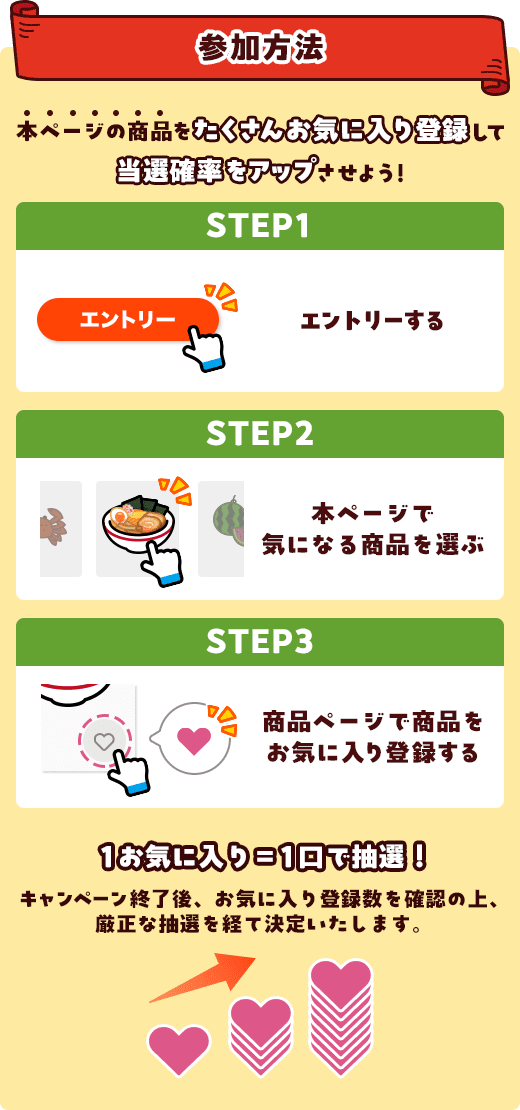 参加方法 本ページの商品をお気に入り登録すればするほど当選確率がアップする説明画像
