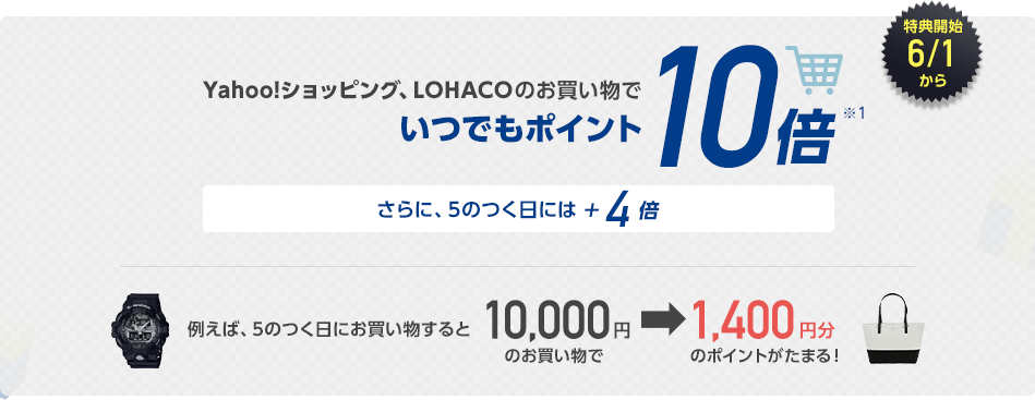 Yahoo!ショッピング、LOHACOのお買いものでいつでもポイント10倍