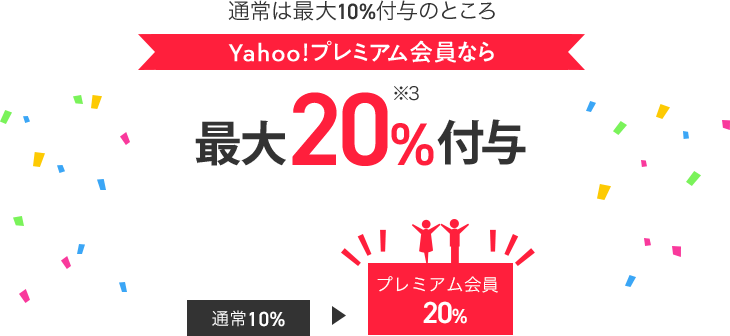 通常は最大10%付与のところ Yahoo!プレミアム会員なら 最大20%付与※3