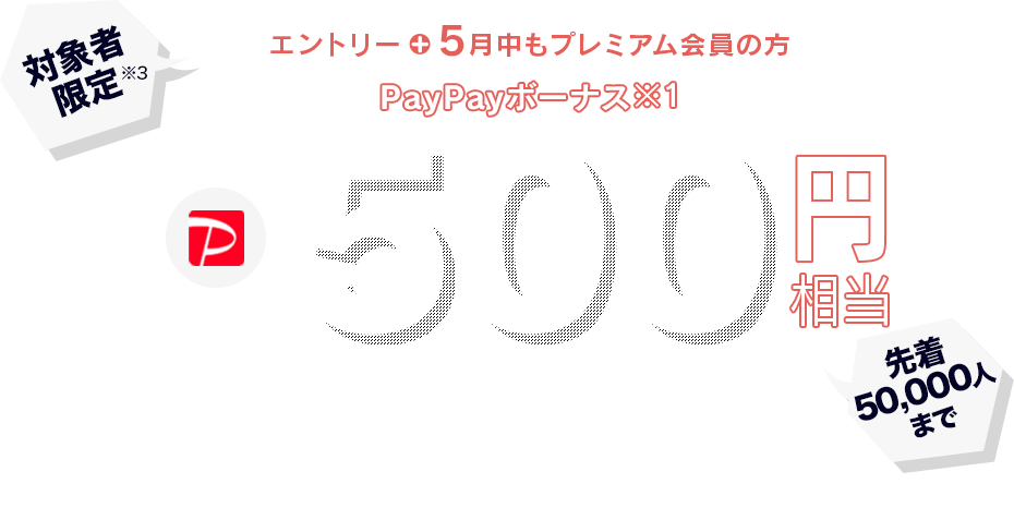 対象者限定エントリーすると5月にもらえるPayPayボーナス※1 500円相当プレゼント ※1 出金と譲渡はできません。PayPay公式ストアでも利用可能。