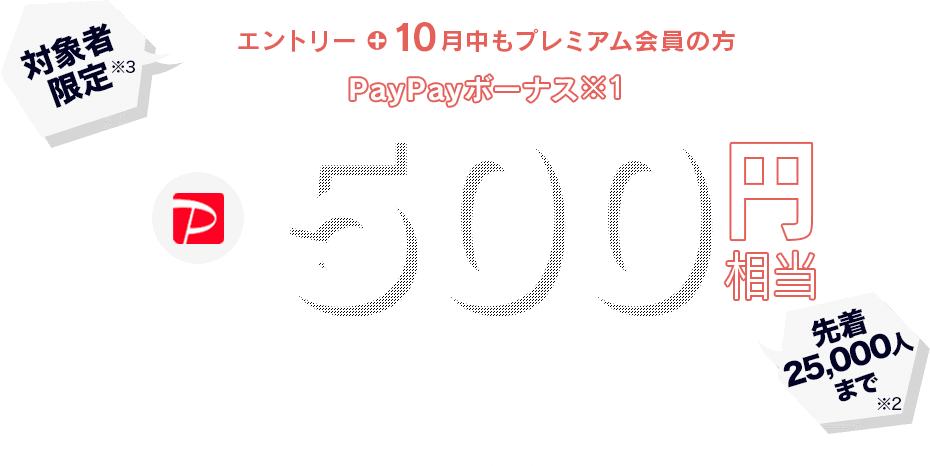対象者限定エントリーすると10月にもらえるPayPayボーナス※1 500円相当プレゼント ※1 出金と譲渡はできません。PayPay公式ストアでも利用可能。
