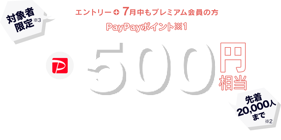 対象者限定エントリーすると7月にもらえるPayPayポイント※1 500円相当プレゼント ※1 出金と譲渡はできません。PayPay公式ストアでも利用可能。