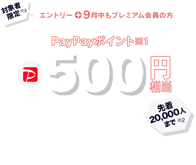 対象者限定エントリーすると9月にもらえるPayPayポイント※1 500円相当プレゼント ※1 出金と譲渡はできません。PayPay公式ストアでも利用可能。