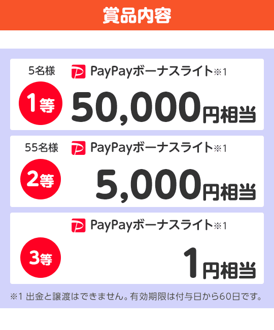 賞品内容 1等 PayPayボーナスライト※1 50,000ポイント 5名様 2等 PayPayボーナスライト※1 5,000ポイント 55名様 3等 PayPayボーナスライト※1 1円相当 ※1 譲渡できません。有効期限は付与日から60日間です。