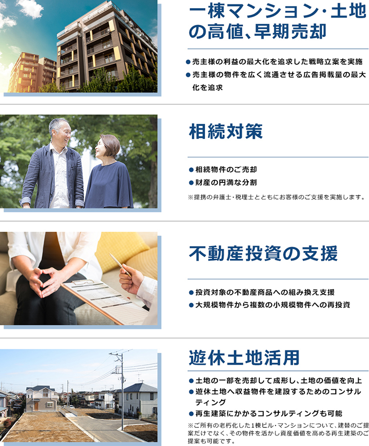 一棟マンション・土地の高値、早期売却 相続対策 不動産投資の支援 遊休土地活用