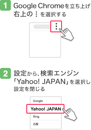 1.Google Chomeを立ち上げ、画面右上のメニューを選択する/2.設定から、4.検索エンジン「Yahoo! JAPAN」を選択し設定を閉じる