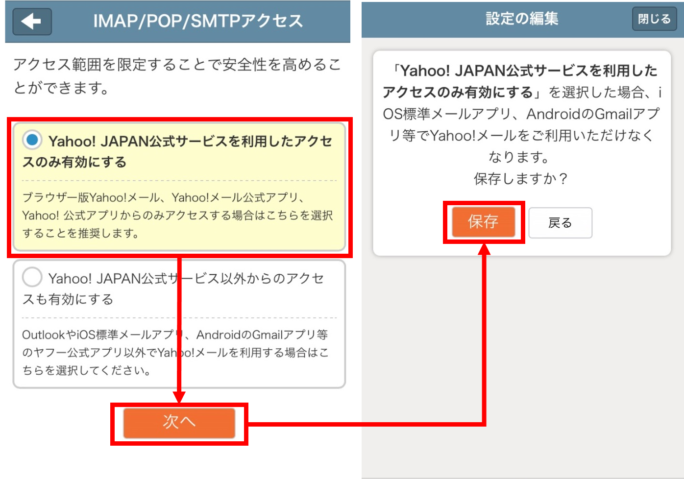 「IMAP/POP/SMTPアクセス」の設定画面。「Yahoo! JAPAN公式サービスを利用したアクセスのみ有効にする」が選択されている。