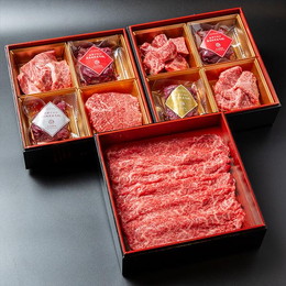 【送料無料】【肉重箱/3段】【ギフト】福島牛ランプステーキ/肩ロース焼肉・サイコロステーキ/いちぼすき焼き・焼肉/会津ブランド国産馬刺し厳選4種