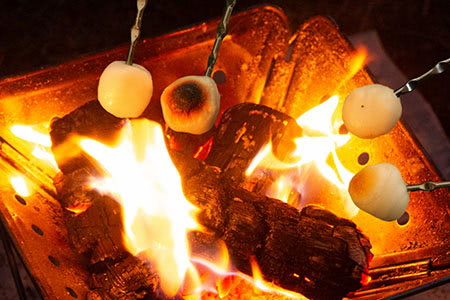 キャンプの夜に焚火台を使って、BBQ串に刺した“だんご”を焼いてみました。