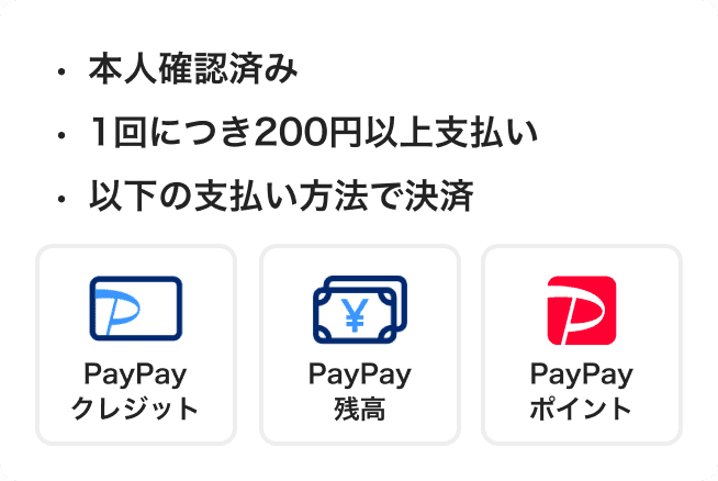 ・本人確認済み ・1回につき200円以上支払い ・以下の支払い方法で決済 PayPayクレジット PayPay残高 PayPayポイント