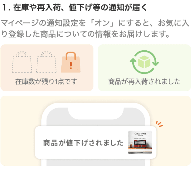 1.在庫や再入荷、値下げ等の通知が届く
マイページの通知設定を「オン」にすると、お気に入り登録した商品についての情報をお届けします。