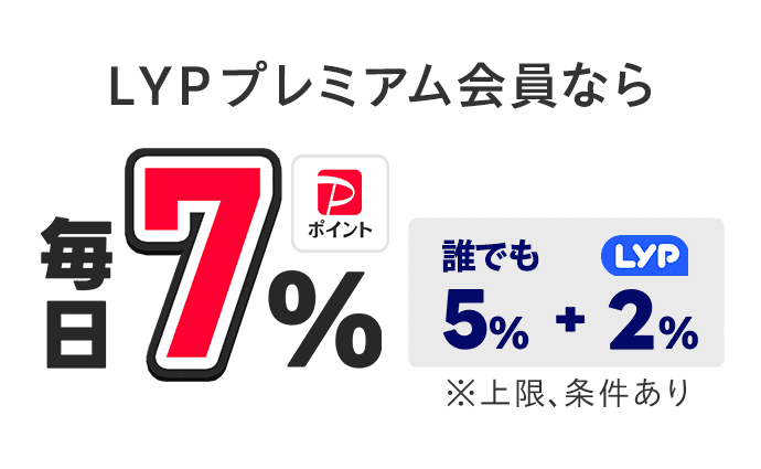 LYPプレミアム会員なら PayPayポイント毎日7％ 誰でも5％＋LYPプレミアム会員2％　※上限、条件あり