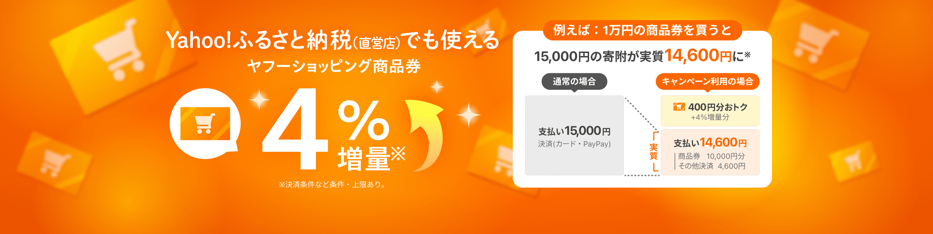 Yahoo!ふるさと納税（直営店）でも使えるヤフーショッピング商品券4％増量※決済条件など条件・上限あり。　