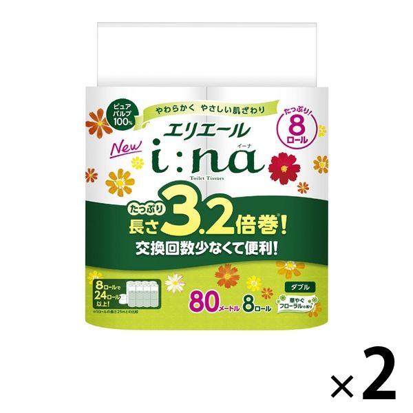 トイレットペーパー 8ロール ダブル 80m 3.2倍巻き エリエール イーナ 1セット（8ロール×2パック）