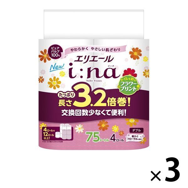 トイレットペーパー 4ロール ダブル 75m 3.2倍巻き エリエール イーナ プリント 1セット（4ロール×3パック）