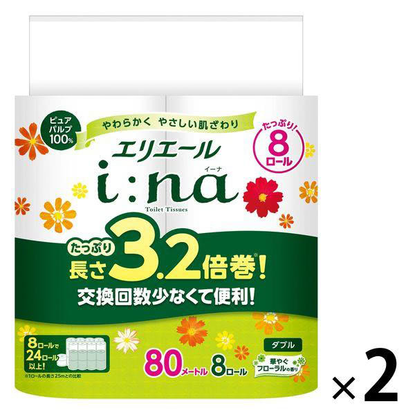トイレットペーパー 8ロール ダブル 80m 3.2倍巻き エリエール イーナ 1セット（8ロール×2パック）