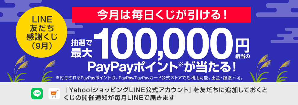 Yahoo!ショッピング LINE公式アカウントの友だち感謝くじです。最大100,000円相当のPayPayポイントが当たります。