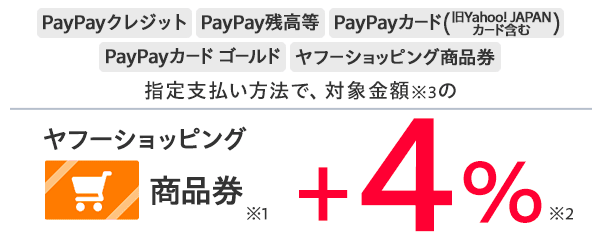 PayPayクレジット PayPay残高等 PayPayカード（旧Yahoo! JAPANカード含む） PayPayカード ゴールド ヤフーショッピング商品券　指定支払い方法で、対象金額※3の ヤフーショッピング商品券※1 +4％※2