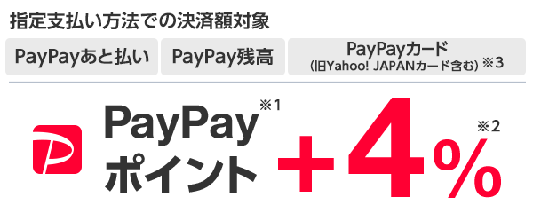 指定支払い方法での決済額対象 PayPayあと払い PayPay残高 PayPayカード（旧Yahoo! JAPANカード含む）※3 PayPayポイント※1 +4％※2