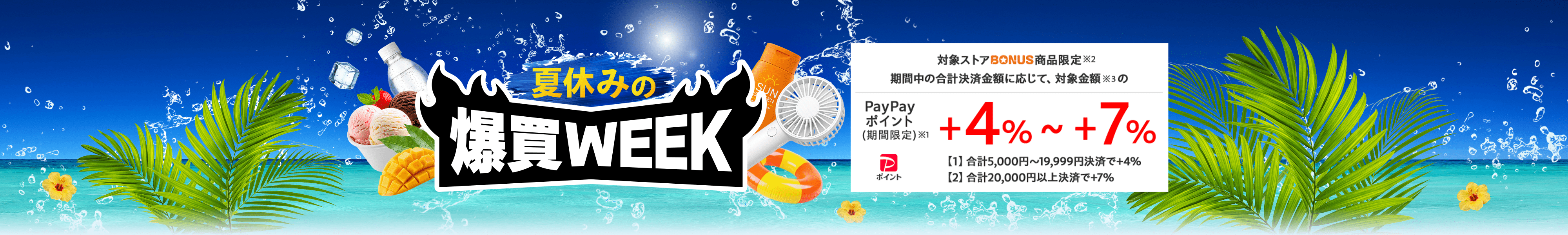 夏休みの爆買WEEK 対象ストア BONUS商品限定※2 期間中の合計決済金額に応じて、対象金額※3の PayPayポイント（期間限定）※1　＋4％～＋7％　【1】合計5,000円～19,999円決済で＋4％　【2】合計20,000円以上決済で＋7％