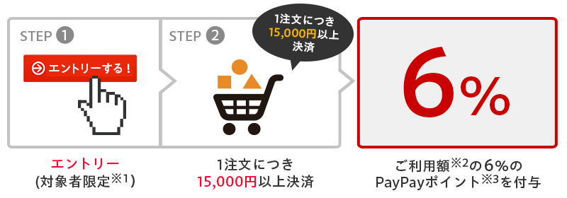 エントリー（対象者限定※1） 1注文につき15,000以上決済　6％　ご利用額※2の6%のPayPayポイント※3を付与