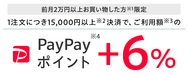 前月2万円以上お買い物した方※1限定 1注文につき15,000円以上※2決済で、ご利用額※3の  PayPayポイント※4 ＋6%