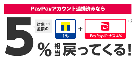 PayPayアカウント連携済みなら 対象金額※1の5％相当戻ってくる！　Ｔポイント1％+PayPayボーナス 4％※2　