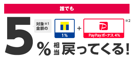 誰でも 対象金額※1の5％相当戻ってくる！　Ｔポイント1％+PayPayボーナス 4％※2