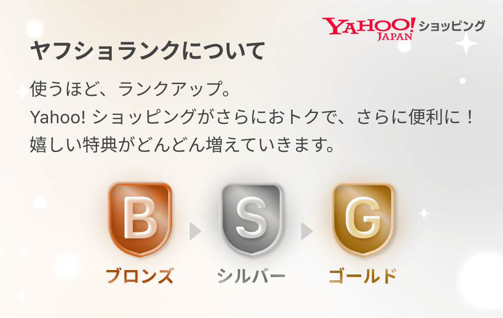 ヤフショランクについて。使うほど、ランクアップ。Yahoo!ショッピングがさらにおトクで、さらに便利に！嬉しい特典がどんどん増えていきます。