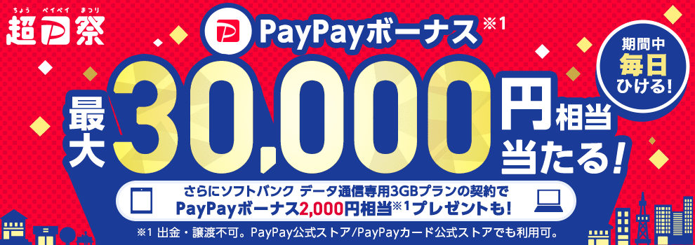 1等はPayPayボーナス最大3万円相当！　データ専用通信3GBプランに使える特別賞も。