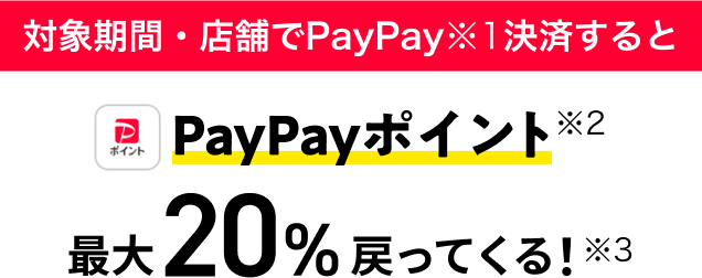 対象期間・店舗でPayPay（※1）決済すると、PayPayポイント（※2）最大20%戻ってくる！　（※3）