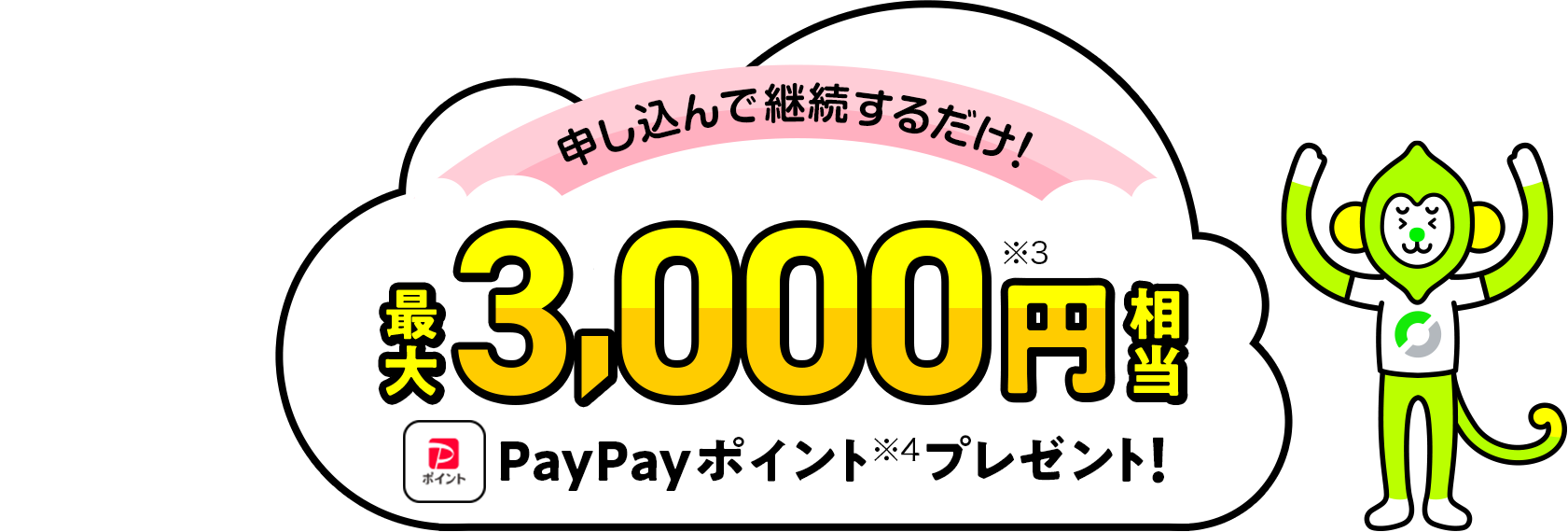 申し込んで継続するだけ！　最大3,000円相当（※3）PayPayポイント（※4）プレゼント！