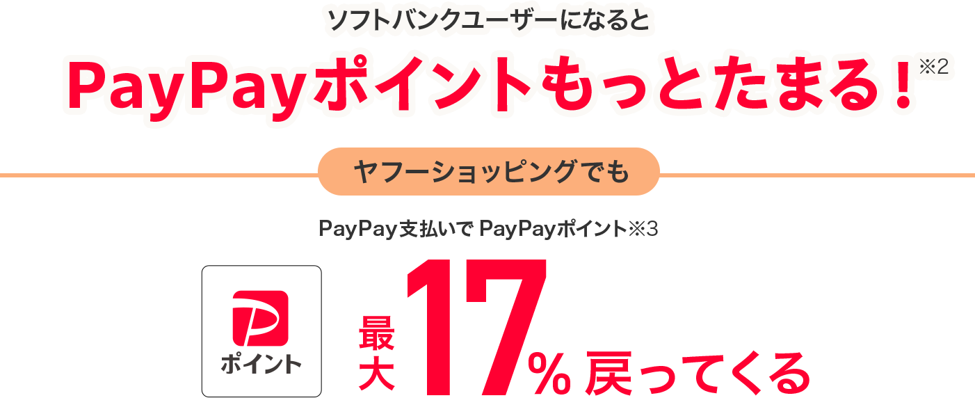 ソフトバンクユーザーになるとPayPayポイントもっとたまる！（※2）ヤフーショッピングでもPayPay支払いでPayPayポイント（※3）最大17%戻ってくる。