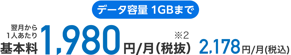 データ容量1GBまで翌月から1人あたり月額基本料税抜1,980円（※2）、税込2,178円