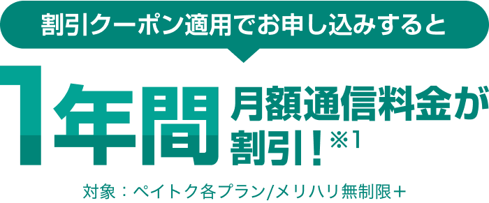 割引クーポン適用でお申し込みすると、1年間月額通信料金が割引！　（※1）対象はペイトク各プランまたはメリハリ無制限プラス。
                        