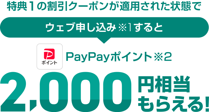 特典1の割引クーポンが適用された状態で、ウェブ申し込み（※1）すると、PayPayポイント（※2）2,000円相当もらえる！
                        