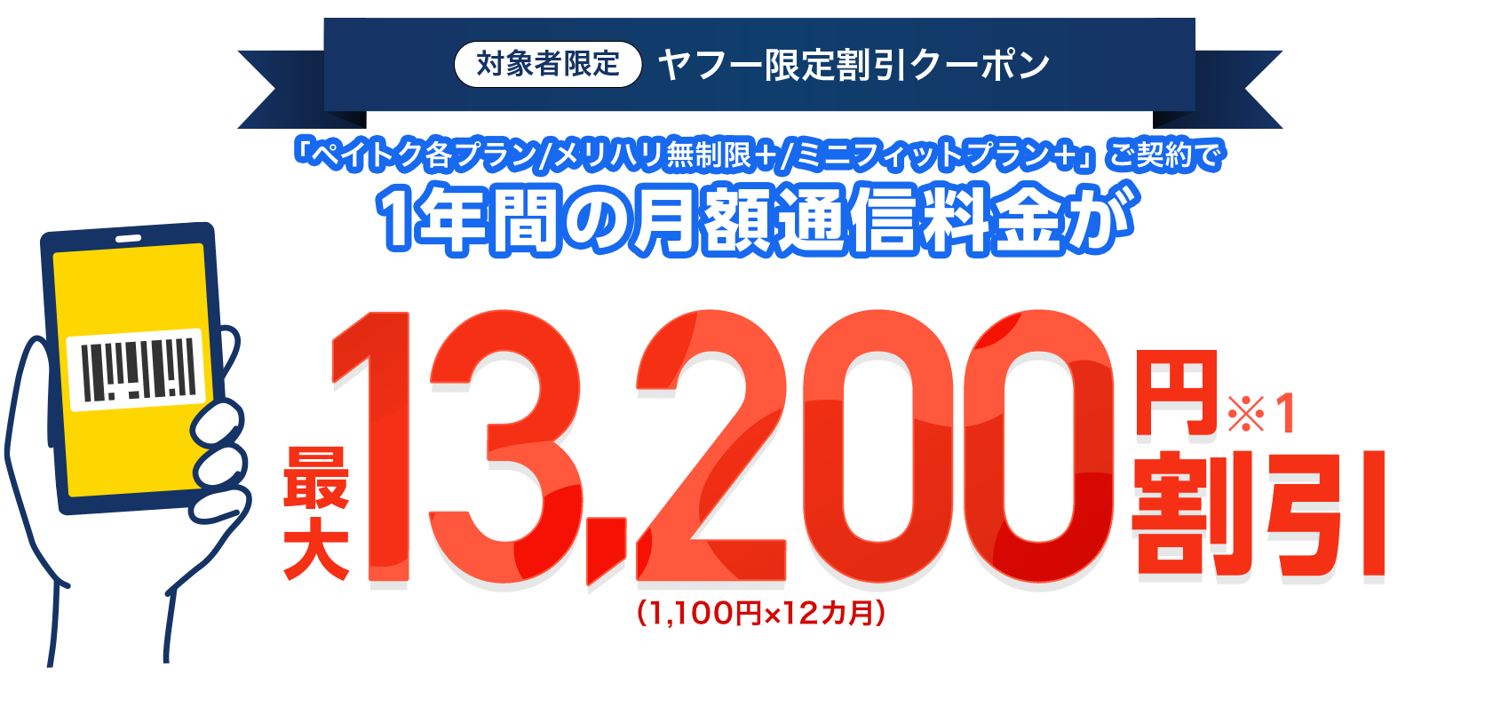 対象者限定ヤフー限定割引クーポン。ペイトク各プラン、メリハリ無制限プラスまたはミニフィットプランプラスご契約で、毎月1,100円を12カ月間割引で、1年間の月額通信料金が最大13,200円割引（※1）