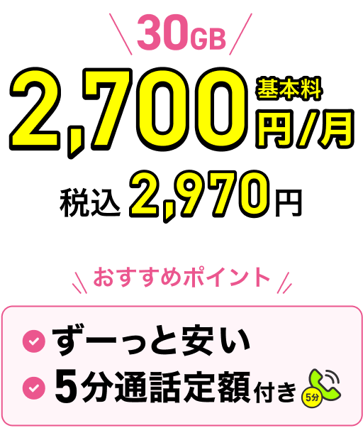 30GBのご利用で基本料月額税抜2,700円。税込2,970円。おすすめポイント、ずーっと安い。5分通話定額付き