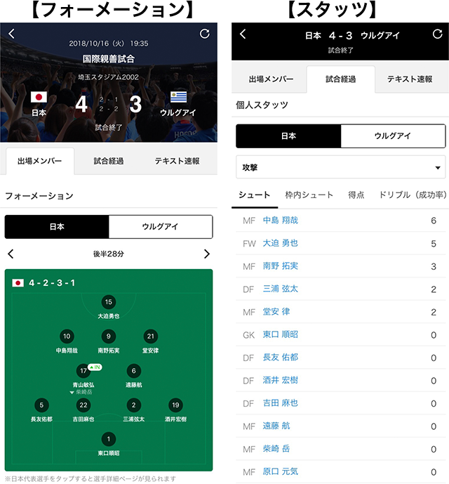 スポーツナビアプリ サッカー日本代表速報ページ