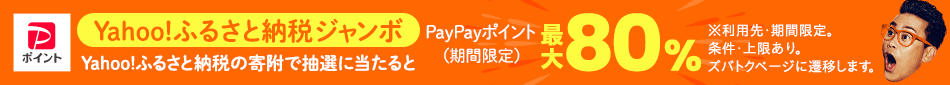 Yahoo!ふるさと納税ジャンボ　Yahoo!ふるさと納税の寄附で抽選に当たるとPayPayポイント（期間限定）最大80％　※利用先・期間限定。条件・上限あり。ズバトクページに遷移します。