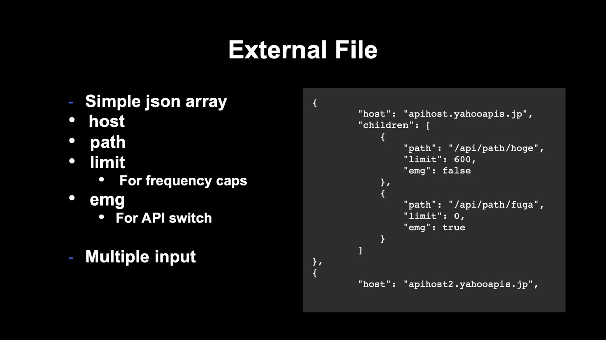 APIの設定情報を持った外部ファイルのサンプル。JSON形式で設定情報を定義できる