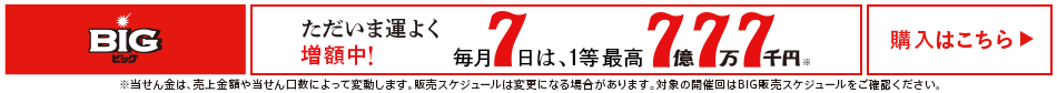 ただいま運よく増額中! 毎月7日は、7億7万7千円※当せん金は、売上金額や当せん口数によって変動します。販売スケジュールは変更になる場合があります。対象の開催回はBIG販売スケジュールをご確認ください。 購入はこちら