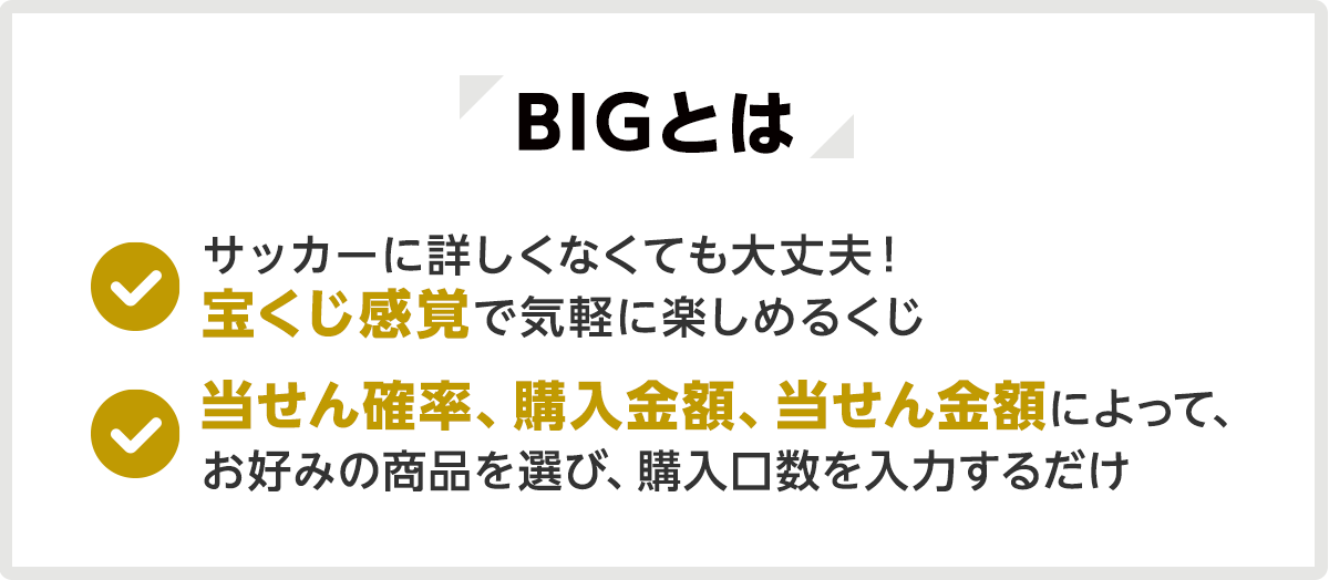 BIGとは サッカーに詳しくなくても大丈夫！宝くじ感覚で気軽に楽しめるくじ 当せん確率、購入金額、当せん金額によって、お好みの商品を選び、購入口数を入力するだけ