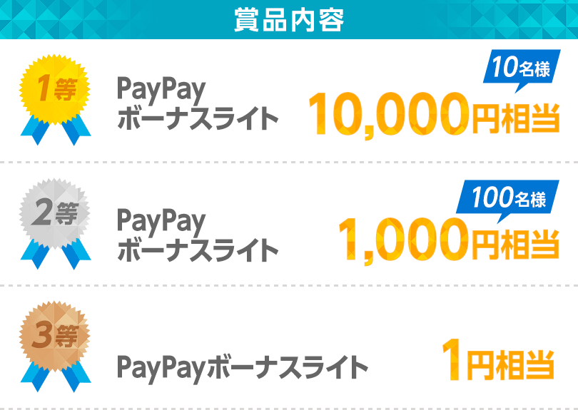 賞品内容　1等（10名様）PayPayボーナスライト10,000円相当、2等（100名様）PayPayボーナスライト1,000円相当
、3等PayPayボーナスライト1円相当 
