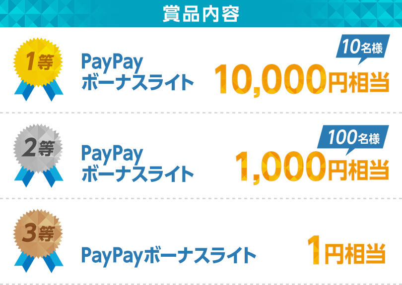 賞品内容　1等（10名様）PayPayボーナスライト10,000円相当、2等（100名様）PayPayボーナスライト1,000円相当
、3等PayPayボーナスライト1円相当 