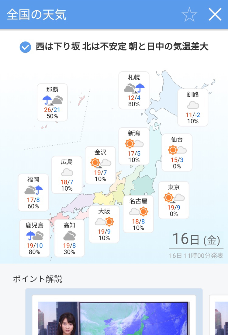 画面上部の日本地図上に各都道府県の天気予報、最高気温、最低気温、降水確率が表示されます。その下に解説動画が表示されます。