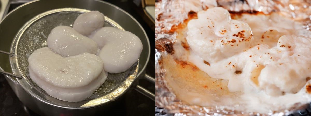 左が鍋で短時間火を通したもの右はホイル焼き