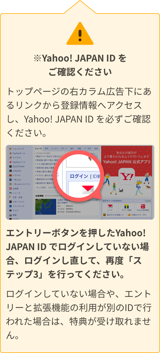 Yahoo! JAPAN ID をご確認ください。トップページの右カラム広告下にあるリンクから登録情報へアクセスし、Yahoo! JAPAN ID を必ずご確認ください。エントリーボタンを押したYahoo! JAPAN ID でログインしていない場合、ログインし直して、再度「ステップ3」を行ってください。ログインしていない場合や、エントリーと拡張機能の利用が別のIDで行われた場合は、特典が受け取れません。