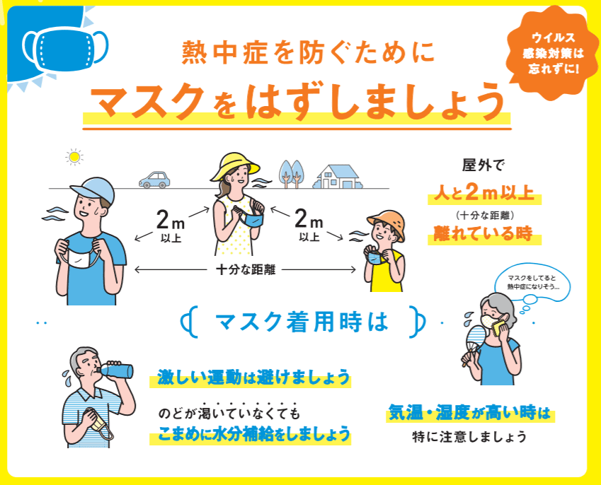 熱中症を防ぐためにマスクを外しましょう　屋外で人と2m以上離れている時